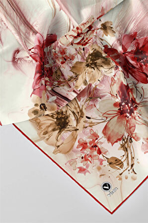 Twill Çiçek Desenli Bordo Renkli 90x90 Eşarp (İpek İçermez) Kenar Dikiş Şekli El Dikişli
