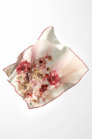 Twill Çiçek Desenli Bordo Renkli 90x90 Eşarp (İpek İçermez) Kenar Dikiş Şekli El Dikişli