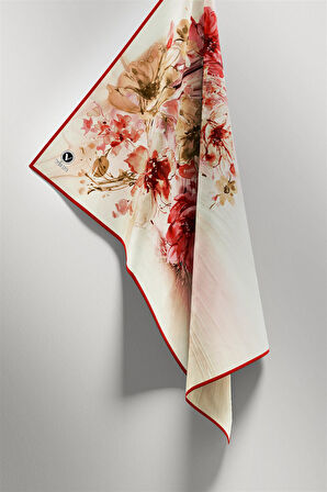 Twill Çiçek Desenli Bordo Renkli 90x90 Eşarp (İpek İçermez) Kenar Dikiş Şekli El Dikişli
