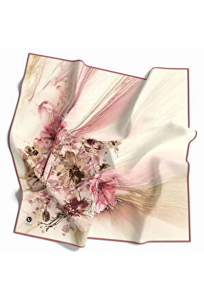 Twill Çiçek Desenli Pudra Renkli 90x90 Eşarp (İpek İçermez) Kenar Dikiş Şekli El Dikişli