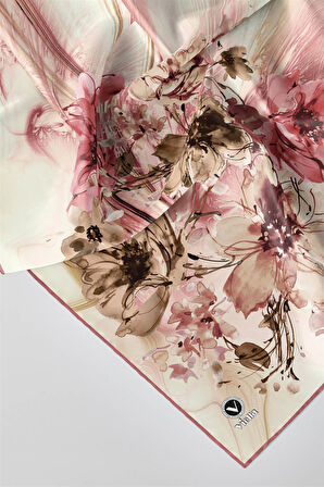 Twill Çiçek Desenli Pudra Renkli 90x90 Eşarp (İpek İçermez) Kenar Dikiş Şekli El Dikişli