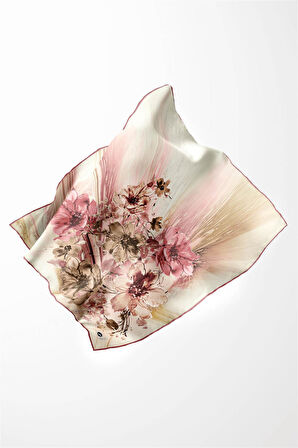 Twill Çiçek Desenli Pudra Renkli 90x90 Eşarp (İpek İçermez) Kenar Dikiş Şekli El Dikişli