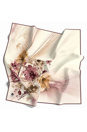Twill Çiçek Desenli Gül Kurusu Renkli 90x90 Eşarp (İpek İçermez) Kenar Dikiş Şekli El Dikişli