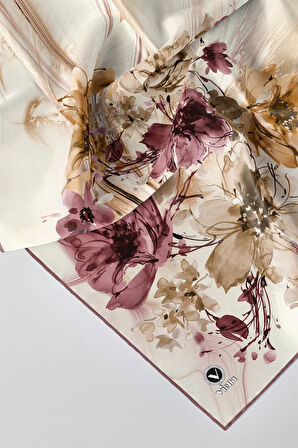 Twill Çiçek Desenli Gül Kurusu Renkli 90x90 Eşarp (İpek İçermez) Kenar Dikiş Şekli El Dikişli