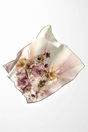 Twill Çiçek Desenli Gül Kurusu Renkli 90x90 Eşarp (İpek İçermez) Kenar Dikiş Şekli El Dikişli