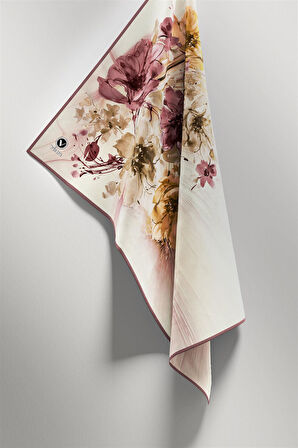 Twill Çiçek Desenli Gül Kurusu Renkli 90x90 Eşarp (İpek İçermez) Kenar Dikiş Şekli El Dikişli