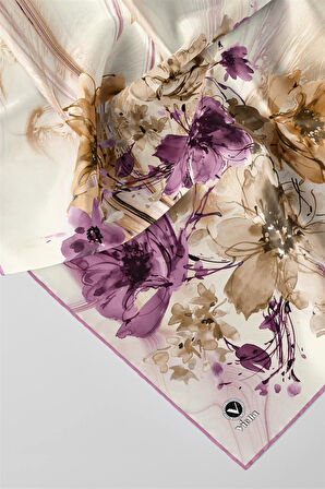 Twill Çiçek Desenli Lila Renkli 90x90 Eşarp (İpek İçermez) Kenar Dikiş Şekli El Dikişli