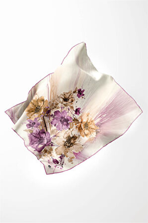 Twill Çiçek Desenli Lila Renkli 90x90 Eşarp (İpek İçermez) Kenar Dikiş Şekli El Dikişli