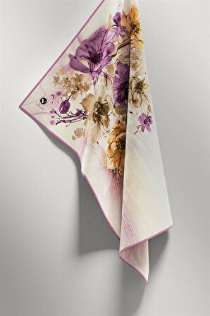 Twill Çiçek Desenli Lila Renkli 90x90 Eşarp (İpek İçermez) Kenar Dikiş Şekli El Dikişli