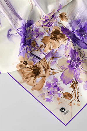 Twill Çiçek Desenli Mor Renkli 90x90 Eşarp (İpek İçermez) Kenar Dikiş Şekli El Dikişli