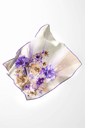 Twill Çiçek Desenli Mor Renkli 90x90 Eşarp (İpek İçermez) Kenar Dikiş Şekli El Dikişli