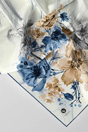 Twill Çiçek Desenli İndigo Renkli 90x90 Eşarp (İpek İçermez) Kenar Dikiş Şekli El Dikişli