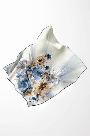 Twill Çiçek Desenli İndigo Renkli 90x90 Eşarp (İpek İçermez) Kenar Dikiş Şekli El Dikişli