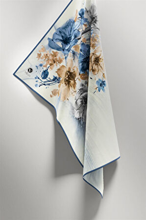 Twill Çiçek Desenli İndigo Renkli 90x90 Eşarp (İpek İçermez) Kenar Dikiş Şekli El Dikişli