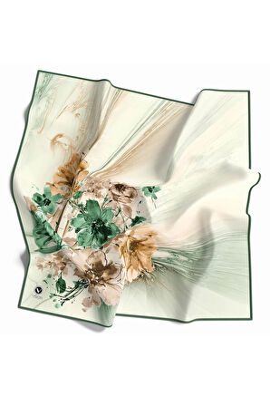 Twill Çiçek Desenli Petrol Yeşili Renkli 90x90 Eşarp (İpek İçermez) Kenar Dikiş Şekli El Dikişli