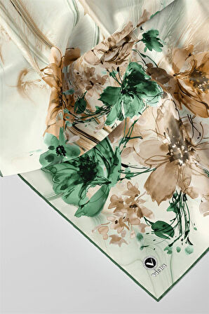 Twill Çiçek Desenli Petrol Yeşili Renkli 90x90 Eşarp (İpek İçermez) Kenar Dikiş Şekli El Dikişli