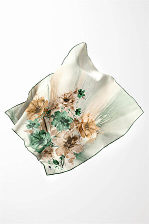 Twill Çiçek Desenli Petrol Yeşili Renkli 90x90 Eşarp (İpek İçermez) Kenar Dikiş Şekli El Dikişli