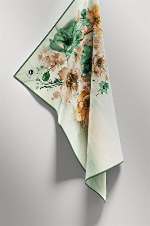 Twill Çiçek Desenli Petrol Yeşili Renkli 90x90 Eşarp (İpek İçermez) Kenar Dikiş Şekli El Dikişli