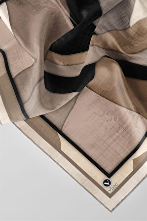 Twill Geometrik Desenli Taş Renkli 90x90 Eşarp (İpek İçermez) Kenar Dikiş Şekli El Dikişli