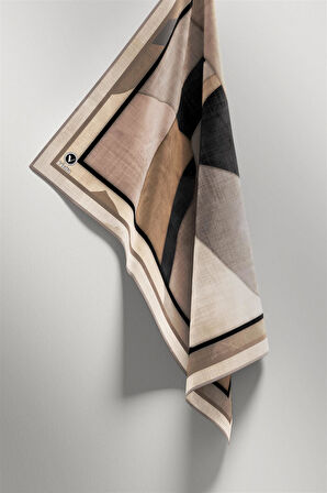 Twill Geometrik Desenli Taş Renkli 90x90 Eşarp (İpek İçermez) Kenar Dikiş Şekli El Dikişli