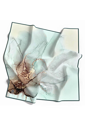 Twill Batik Desenli Mint Yeşili - Bej Renkli 90x90 Eşarp (İpek İçermez) Kenar Dikiş Şekli El Dikişli