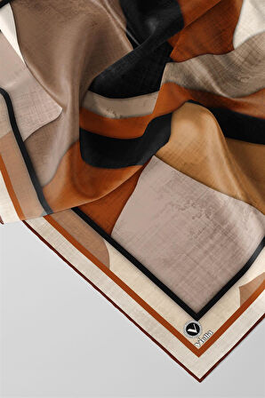 Twill Geometrik Desenli Taba Renkli 90x90 Eşarp (İpek İçermez) Kenar Dikiş Şekli El Dikişli