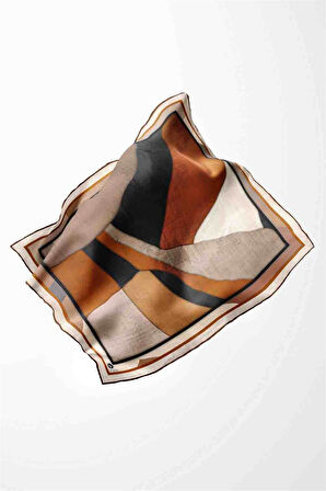 Twill Geometrik Desenli Taba Renkli 90x90 Eşarp (İpek İçermez) Kenar Dikiş Şekli El Dikişli
