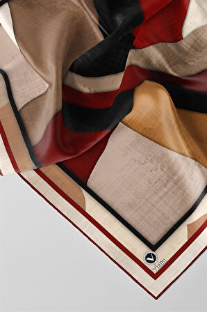 Twill Geometrik Desenli Bordo Renkli 90x90 Eşarp (İpek İçermez) Kenar Dikiş Şekli El Dikişli