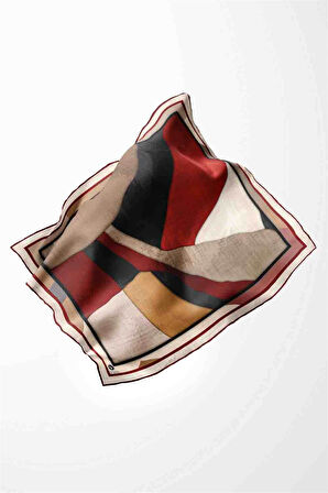 Twill Geometrik Desenli Bordo Renkli 90x90 Eşarp (İpek İçermez) Kenar Dikiş Şekli El Dikişli