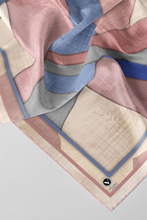 Twill Geometrik Desenli Pudra Renkli 90x90 Eşarp (İpek İçermez) Kenar Dikiş Şekli El Dikişli