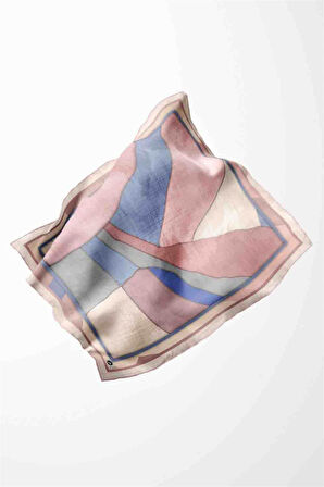 Twill Geometrik Desenli Pudra Renkli 90x90 Eşarp (İpek İçermez) Kenar Dikiş Şekli El Dikişli