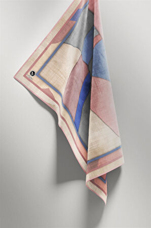 Twill Geometrik Desenli Pudra Renkli 90x90 Eşarp (İpek İçermez) Kenar Dikiş Şekli El Dikişli