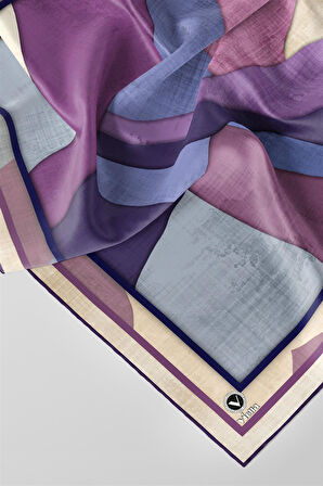 Twill Geometrik Desenli Mor Renkli 90x90 Eşarp (İpek İçermez) Kenar Dikiş Şekli El Dikişli