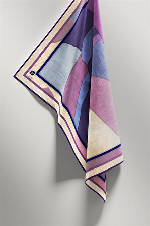 Twill Geometrik Desenli Mor Renkli 90x90 Eşarp (İpek İçermez) Kenar Dikiş Şekli El Dikişli