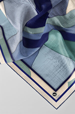 Twill Geometrik Desenli İndigo Renkli 90x90 Eşarp (İpek İçermez) Kenar Dikiş Şekli El Dikişli