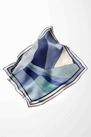 Twill Geometrik Desenli İndigo Renkli 90x90 Eşarp (İpek İçermez) Kenar Dikiş Şekli El Dikişli