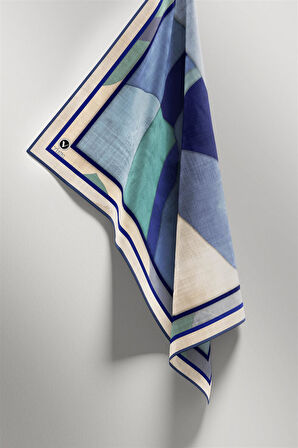 Twill Geometrik Desenli İndigo Renkli 90x90 Eşarp (İpek İçermez) Kenar Dikiş Şekli El Dikişli