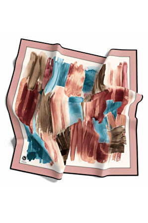 Twill Fırça Darbesi Desenli Pudra Renkli 90x90 Eşarp (İpek İçermez) Kenar Dikiş Şekli El Dikişli