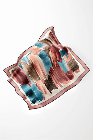 Twill Fırça Darbesi Desenli Pudra Renkli 90x90 Eşarp (İpek İçermez) Kenar Dikiş Şekli El Dikişli