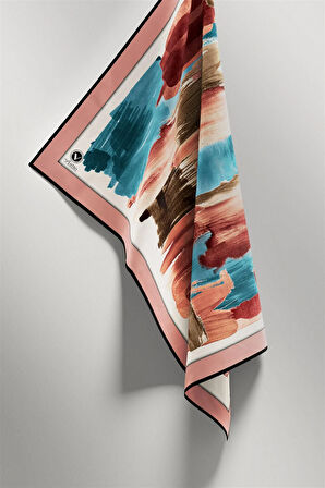 Twill Fırça Darbesi Desenli Pudra Renkli 90x90 Eşarp (İpek İçermez) Kenar Dikiş Şekli El Dikişli