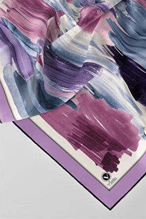 Twill Fırça Darbesi Desenli Lila Renkli 90x90 Eşarp (İpek İçermez) Kenar Dikiş Şekli El Dikişli