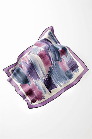 Twill Fırça Darbesi Desenli Lila Renkli 90x90 Eşarp (İpek İçermez) Kenar Dikiş Şekli El Dikişli