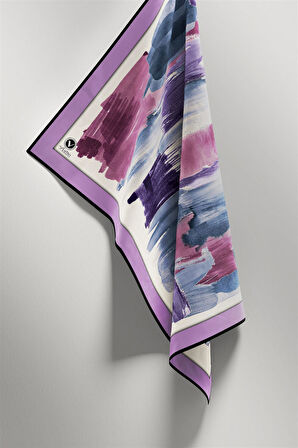 Twill Fırça Darbesi Desenli Lila Renkli 90x90 Eşarp (İpek İçermez) Kenar Dikiş Şekli El Dikişli