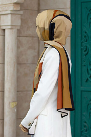 LÜKS MEDİNE İPEĞİ ÇİÇEK VE YAPRAK DESENLİ BEJ - TABA RENKLİ 75X195 KIRIŞMAZ ŞAL MOSS KREP DİKİŞ TİPİ İTALYAN DİKİŞLİ