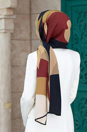 LÜKS MEDİNE İPEĞİ ÇİÇEK VE YAPRAK DESENLİ BEJ - BORDO RENKLİ 75X195 KIRIŞMAZ ŞAL MOSS KREP DİKİŞ TİPİ İTALYAN DİKİŞLİ