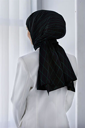 LÜKS MEDİNE İPEĞİ GEOMETRİK DESENLİ PETROL YEŞİLİ RENKLİ 75X195 KIRIŞMAZ ŞAL MOSS KREP DİKİŞ TİPİ İTALYAN DİKİŞLİ