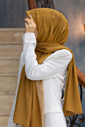 LÜKS MEDİNE İPEĞİ HASIR DESENLİ HARDAL RENKLİ 75X195 KIRIŞMAZ ŞAL MOSS KREP DİKİŞ TİPİ İTALYAN DİKİŞLİ