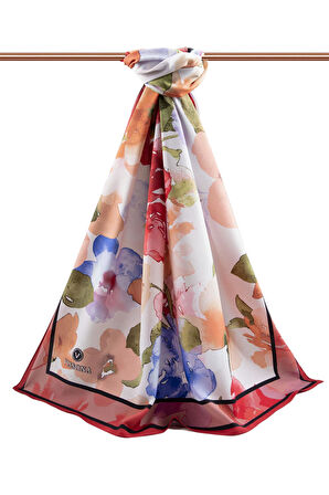 LÜKS MEDİNE İPEĞİ ÇİÇEK DESENLİ BEJ - BORDO RENKLİ 75X195 KIRIŞMAZ ŞAL MOSS KREP DİKİŞ TİPİ İTALYAN DİKİŞLİ