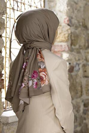 LÜKS MEDİNE İPEĞİ ÇİÇEK DESENLİ VİZON RENKLİ 75X195 KIRIŞMAZ ŞAL MOSS KREP DİKİŞ TİPİ İTALYAN DİKİŞLİ