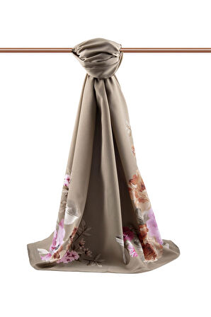 LÜKS MEDİNE İPEĞİ ÇİÇEK DESENLİ VİZON RENKLİ 75X195 KIRIŞMAZ ŞAL MOSS KREP DİKİŞ TİPİ İTALYAN DİKİŞLİ